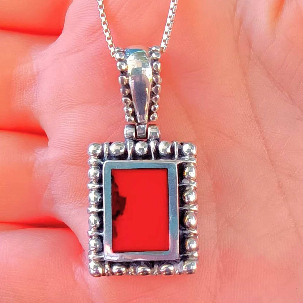 Vintage Sterling Silver Red Jasper Pebbled Pendant Necklace - Picture 5 of 13